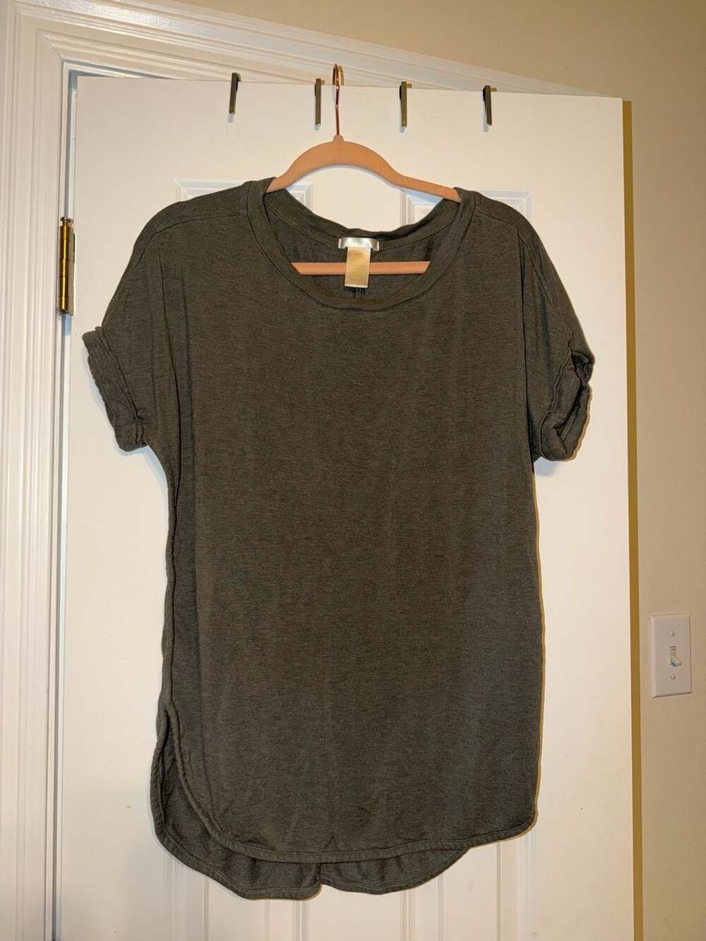Matty M Women's Olive Green Short Sleeve Crew Neck Tunic Top with Rolled Cuffs